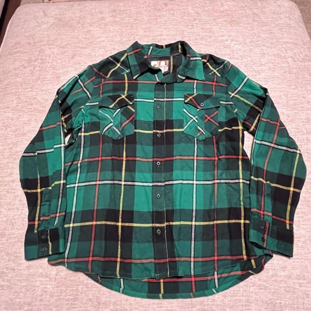 OP Ocean Pacific Men's‎ 2XL Flannel Shirt Green Plaid Button-Up Long Sleeve